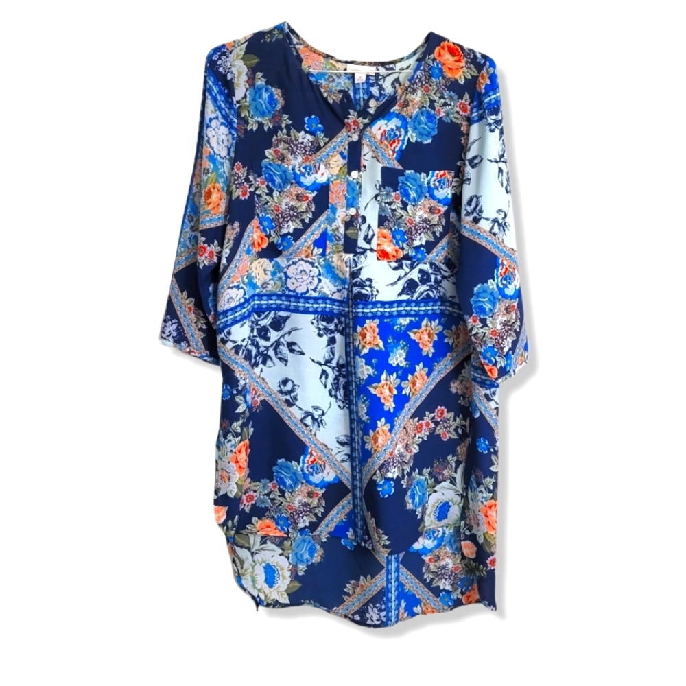 Westport Artsy Floral Patchwork 3/4 Sleeve Semi Sheer Long Tunic Blouse, M - Picture 1 of 11